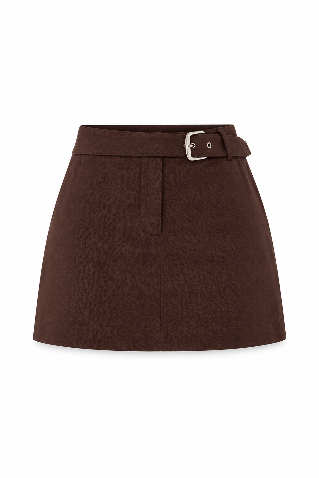 Espresso-brown tailored mini skort with a fixed belt and silver-tone buckle