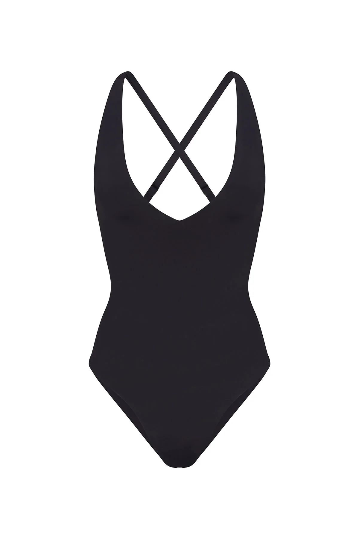 Black plunging one-piece swimsuit