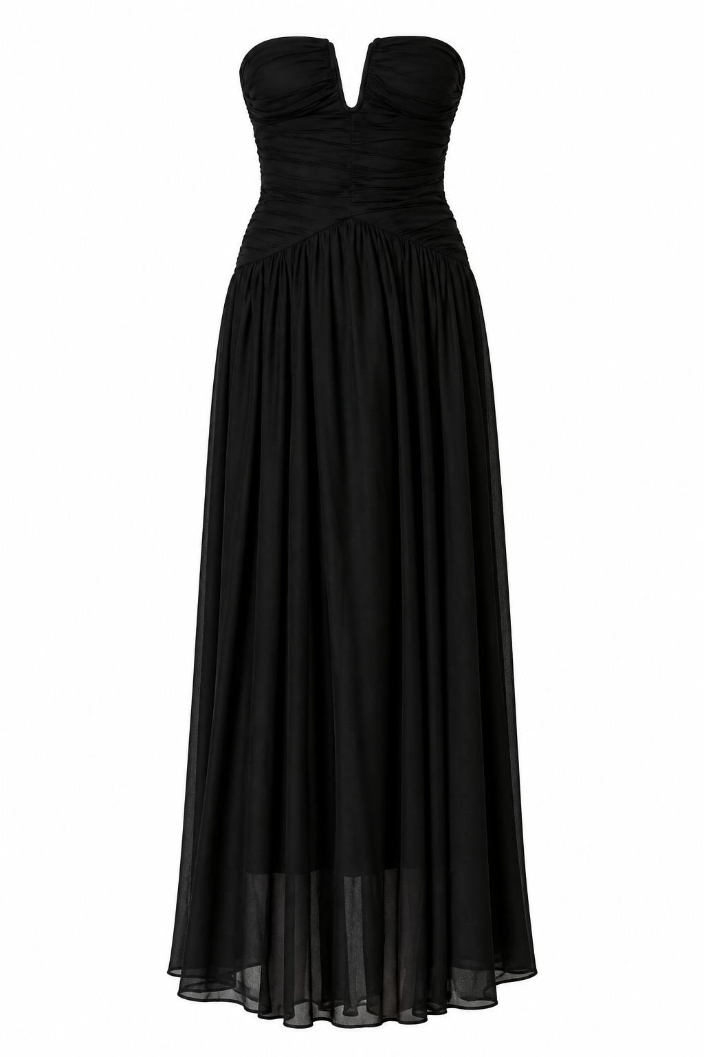 Black strapless Beverly maxi dress with a ruched bodice and flowing skirt