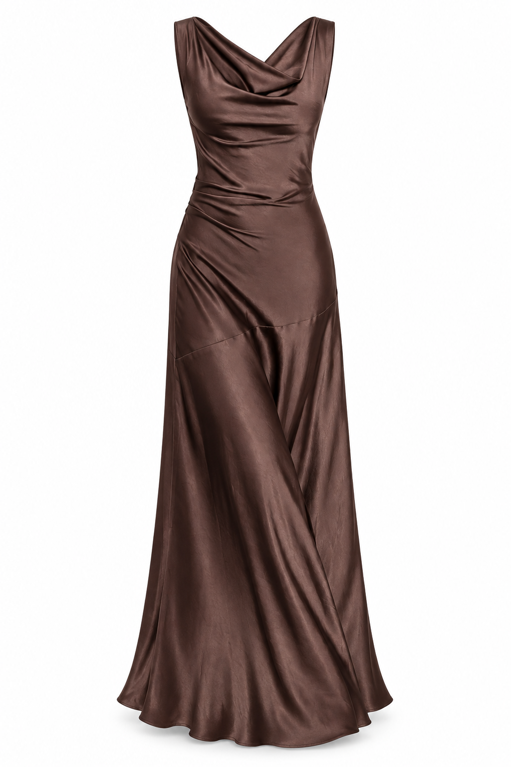Chocolate-brown satin bias-cut maxi slip dress with a draped cowl neckline and softly flared hem
