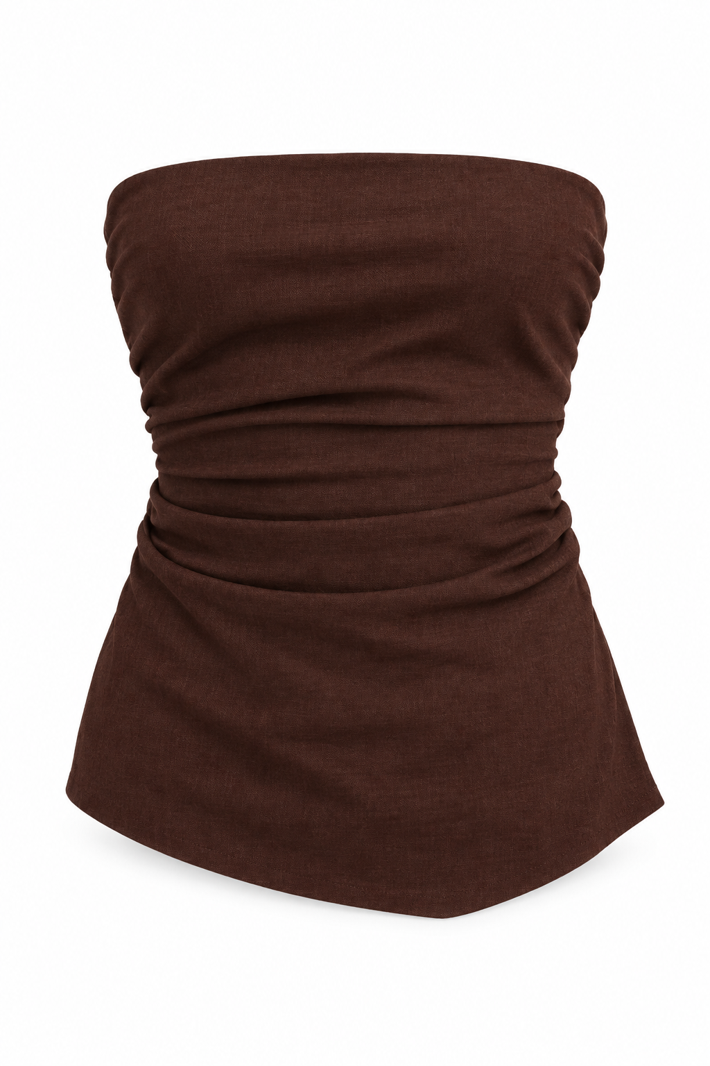 Chocolate-brown strapless linen-blend top with side ruching and an asymmetric hem