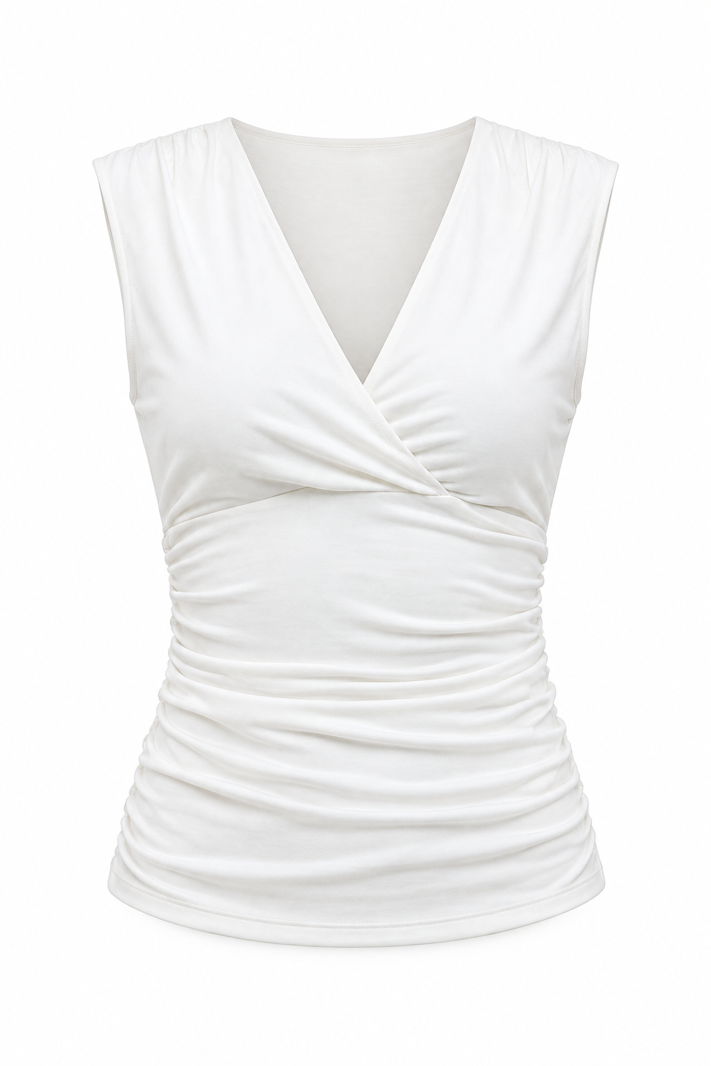Ivory sleeveless cross-front jersey top with a V-neck and gathered waist