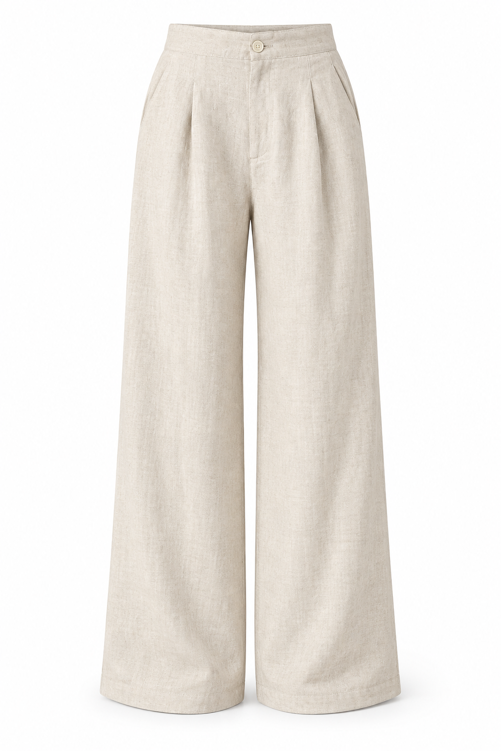 Natural linen high-rise trousers with front pleats and full wide legs