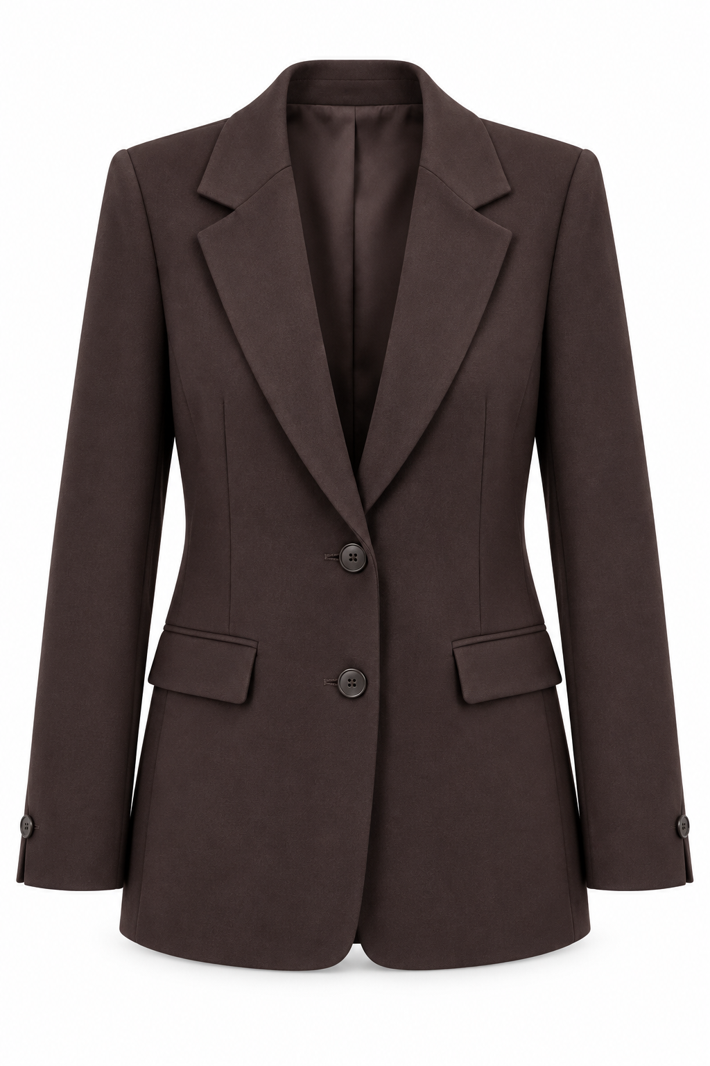 Dark chocolate tailored longline blazer with notched lapels and vented sleeves