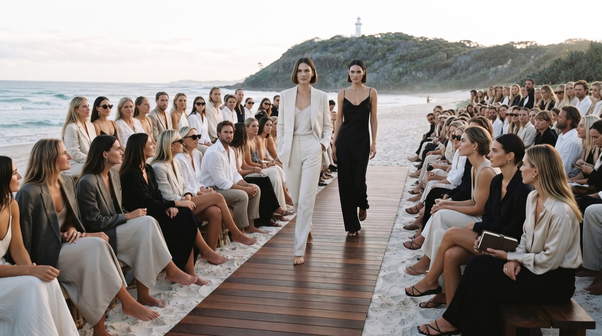 Concept visualisation of models in black and white fashion walking on a beach runway beneath the Cape Byron Lighthouse