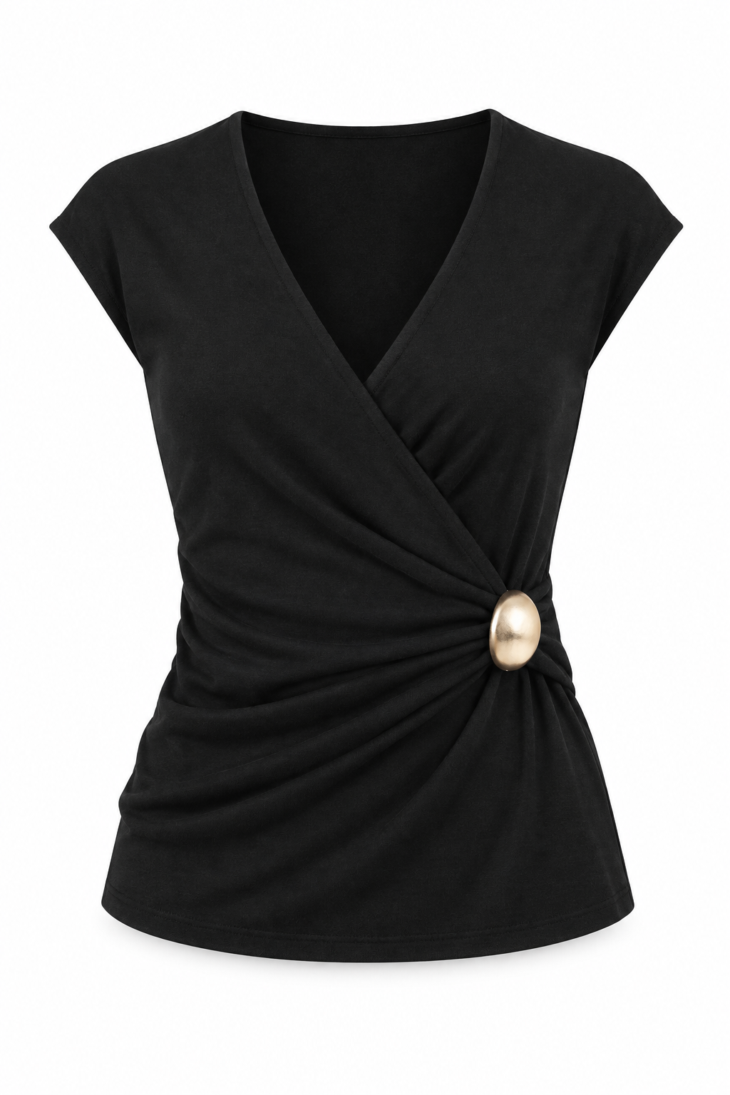 Black crossover-front sleeveless top with gathered draping and a gold-tone buckle