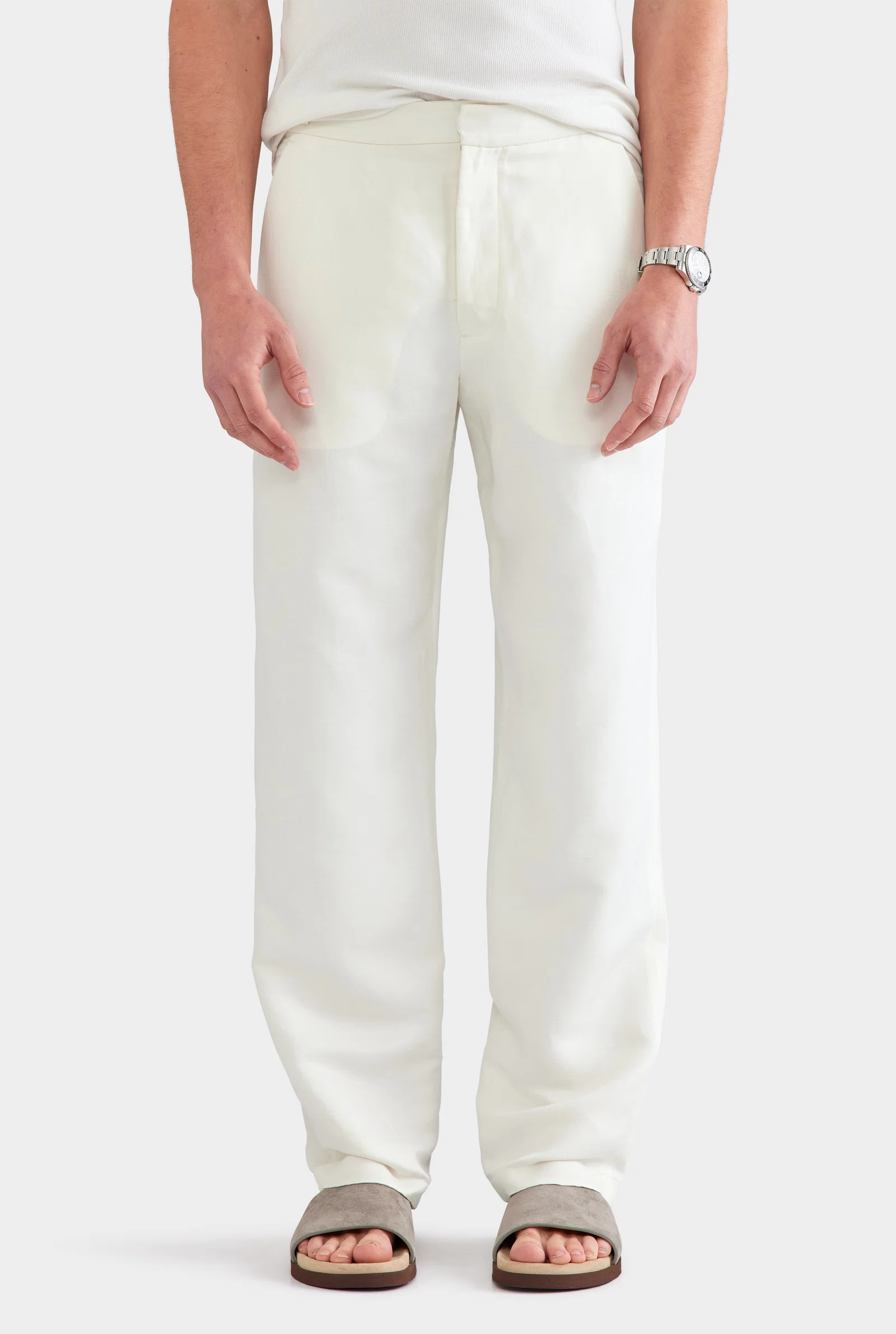 Cream silk-linen side-tab trousers