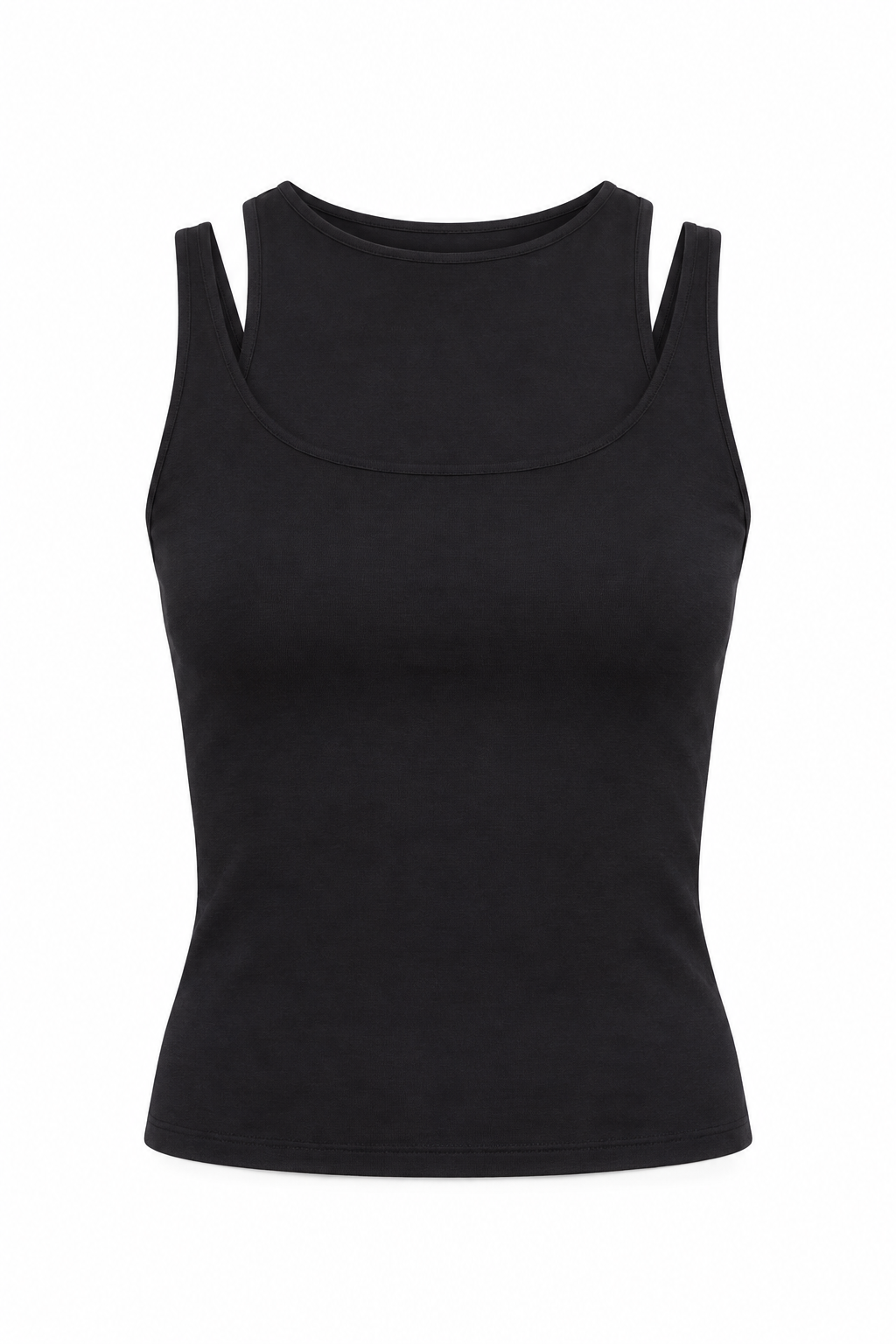 Black fitted jersey tank with a layered neckline and narrow shoulder cut-outs