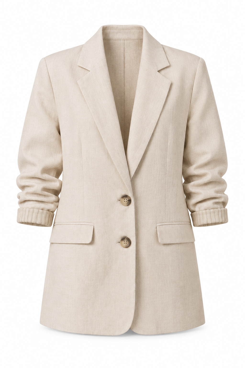 Cream linen longline blazer with notched lapels and two beige buttons