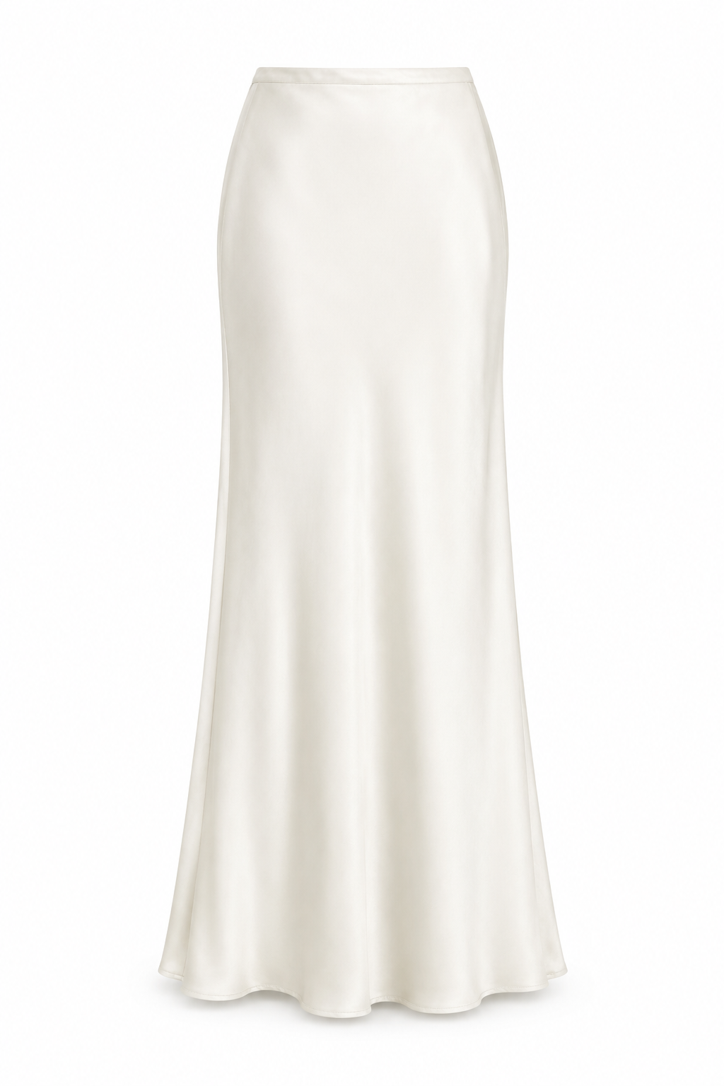 Pearl ivory satin bias-cut maxi skirt with a fluid softly flared hem