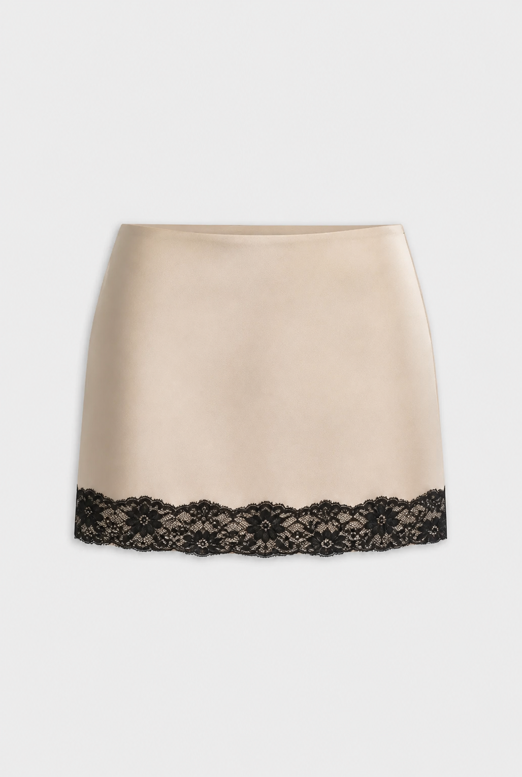 Beige mini skirt with a black lace hem