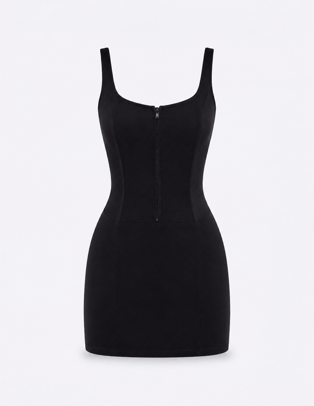 Black hourglass mini dress on a plain white background