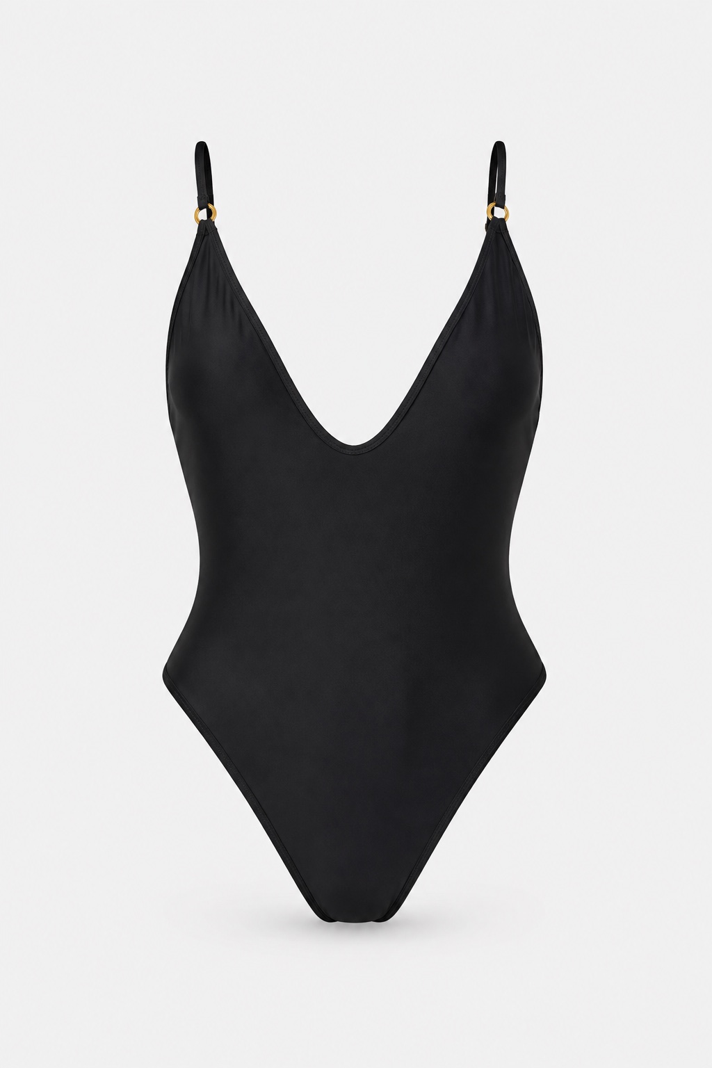 Black plunging one-piece swimsuit on a plain white background