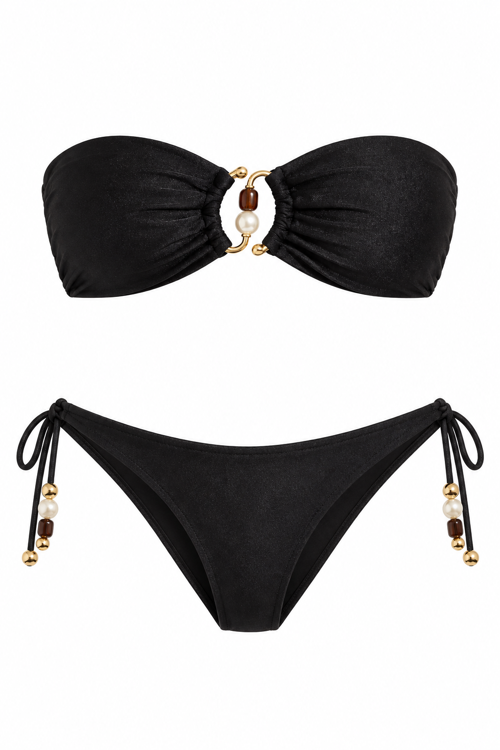 Black ring-front bandeau bikini with side-tie briefs