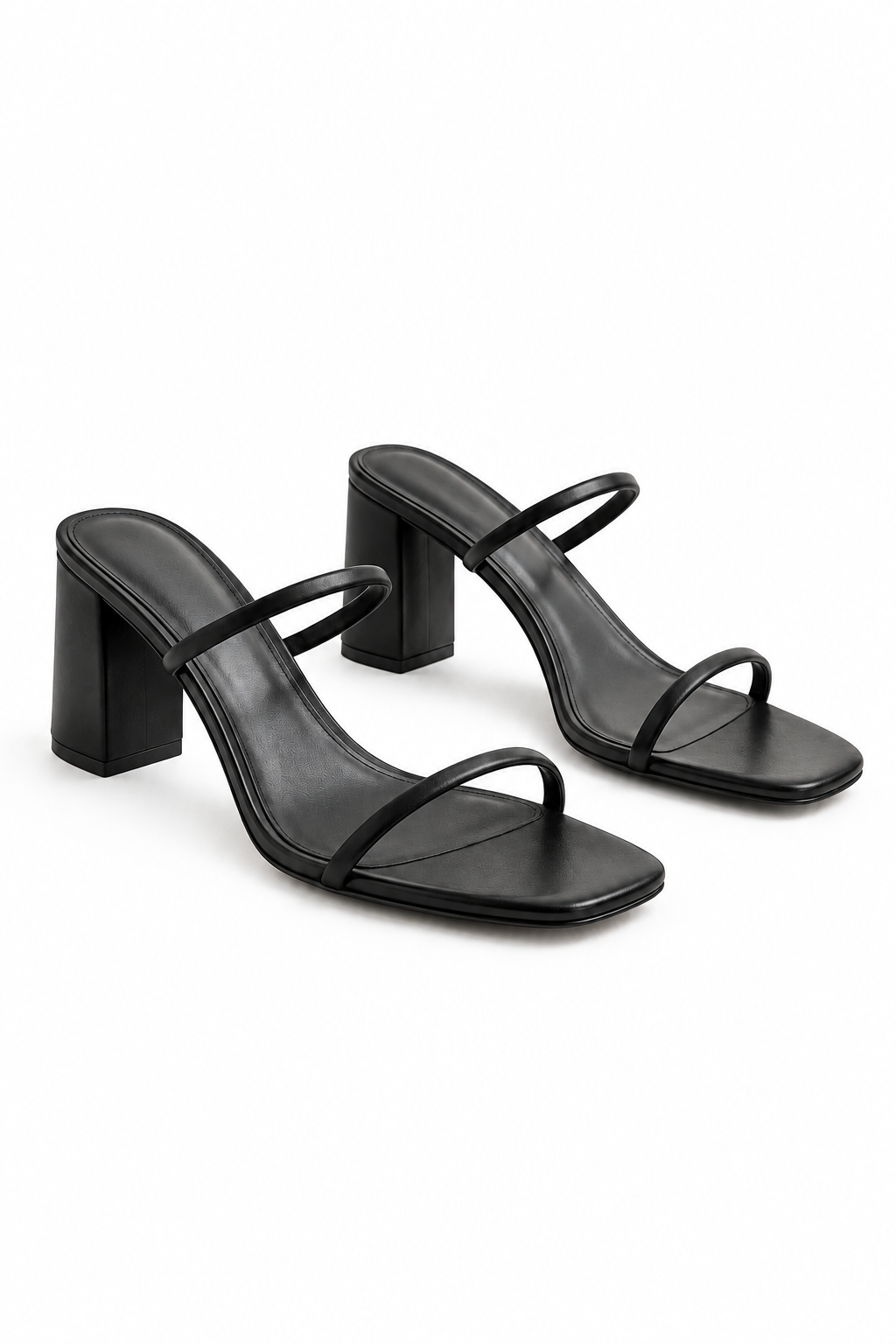 Black thin two-strap block-heel slides