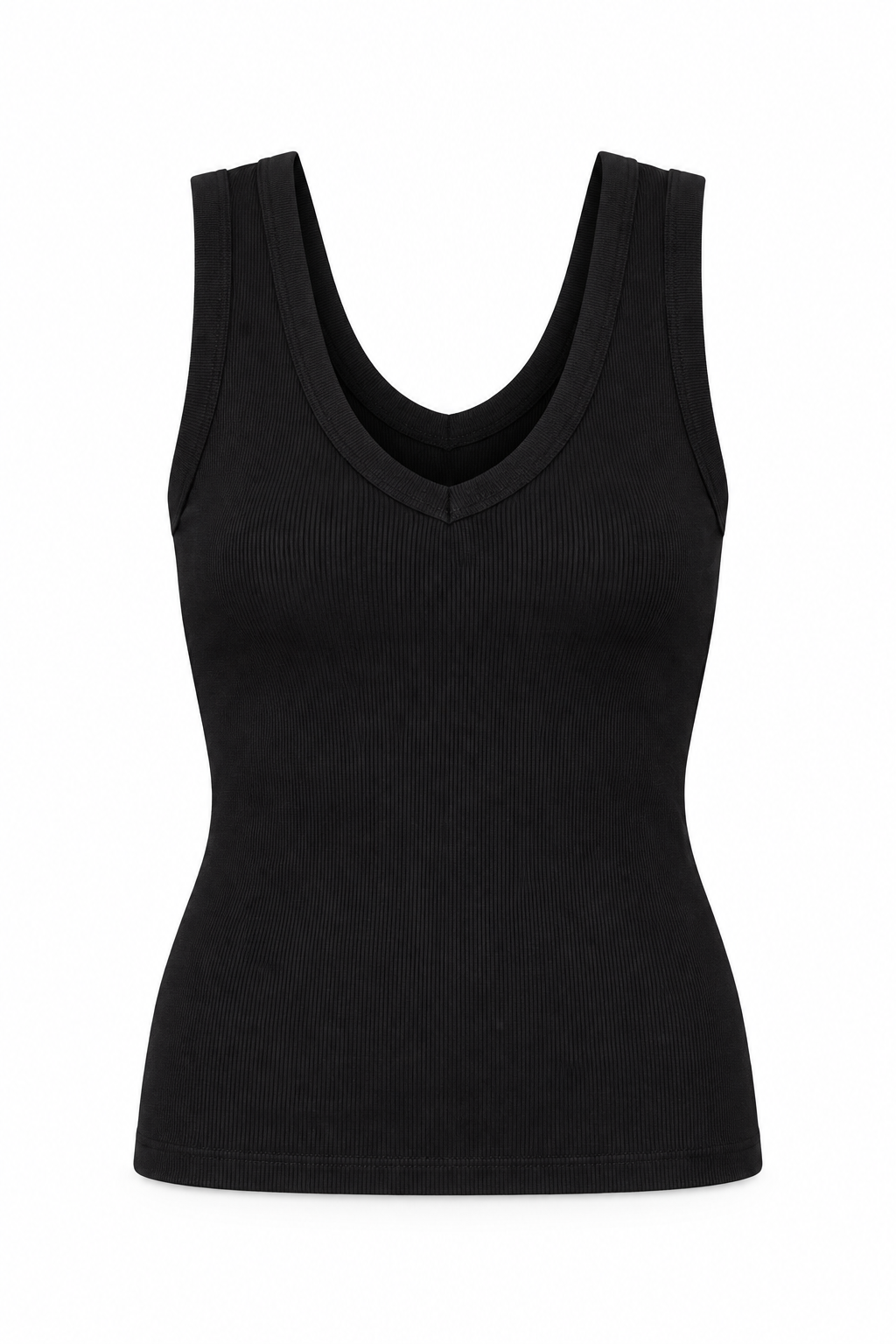 Black fitted ribbed tank with a deep V neckline and wide shoulder straps