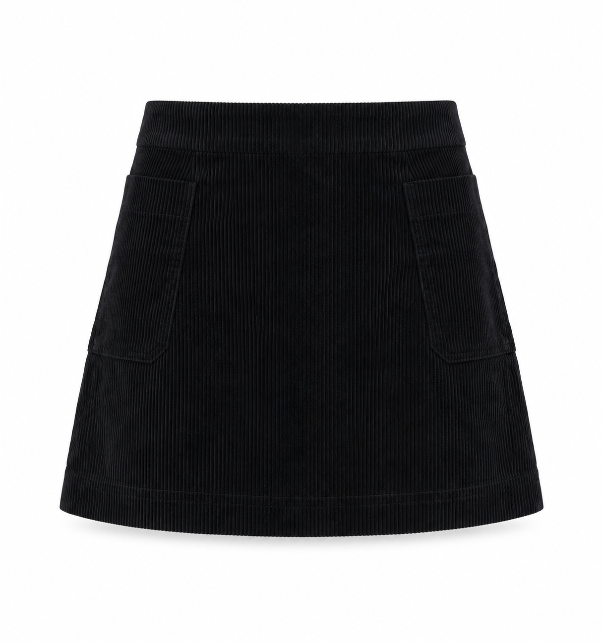 Black cotton corduroy A-line mini skirt with two functional front patch pockets