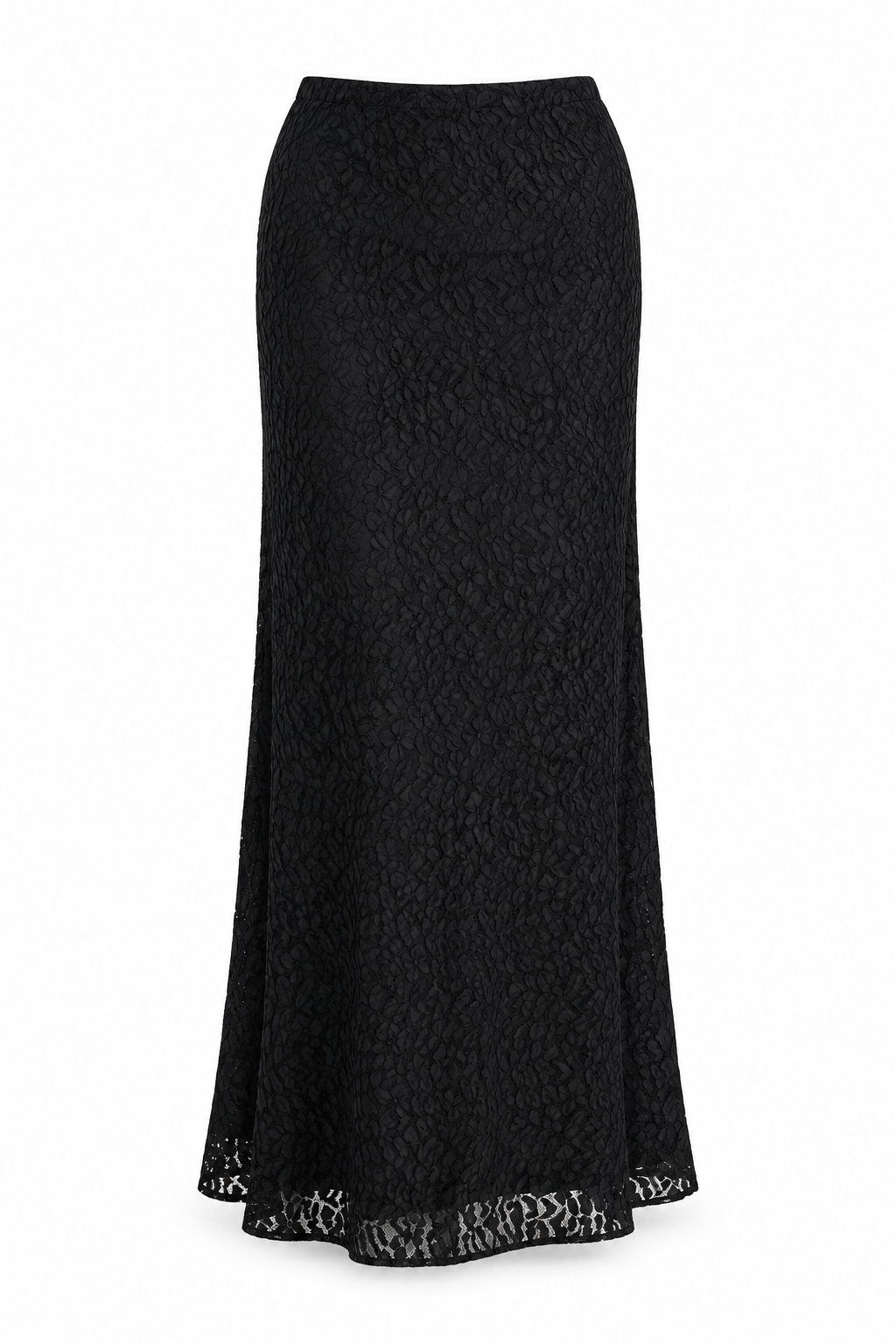 Black full-length floral lace bias skirt with a softly flared scalloped hem