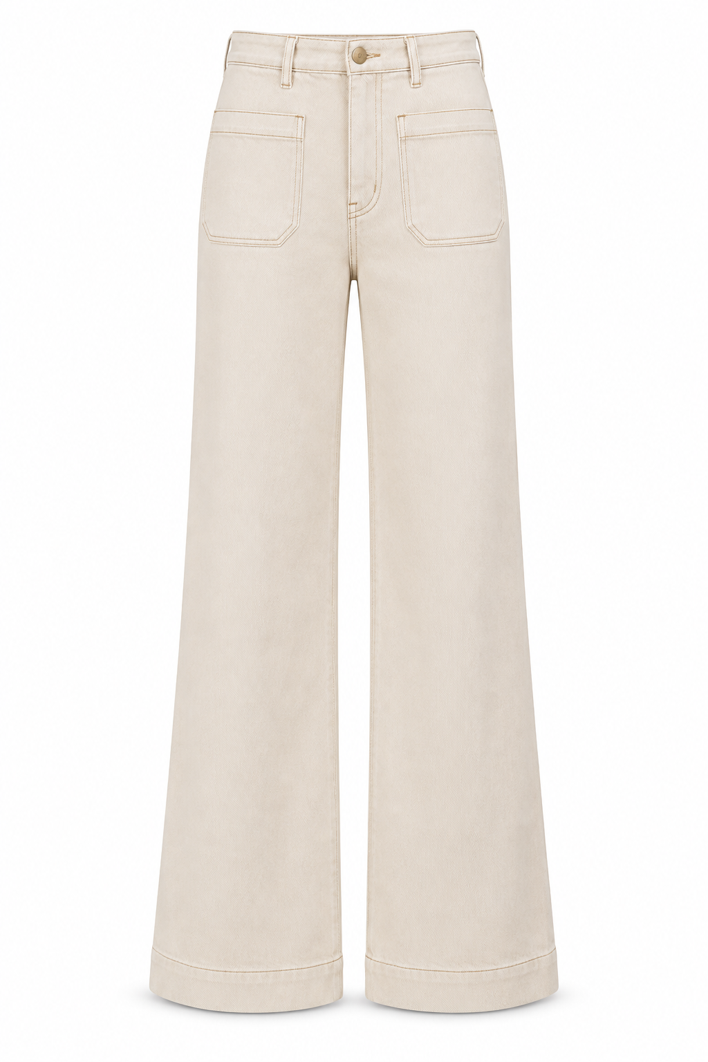 Ecru high-rise wide-leg jeans with contrast stitching and front patch pockets